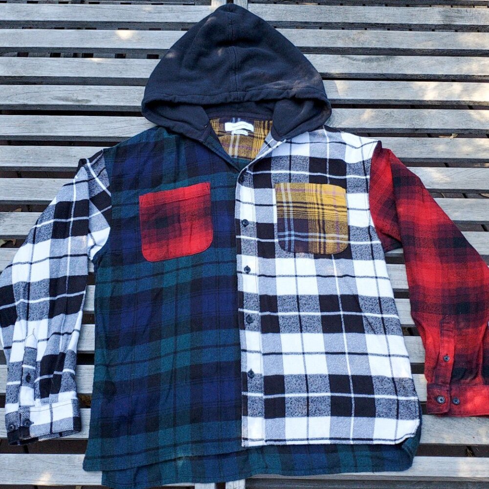 Urban Outfitters flannel hoodie jacket shacket patchwork tartan plaid cozy soft